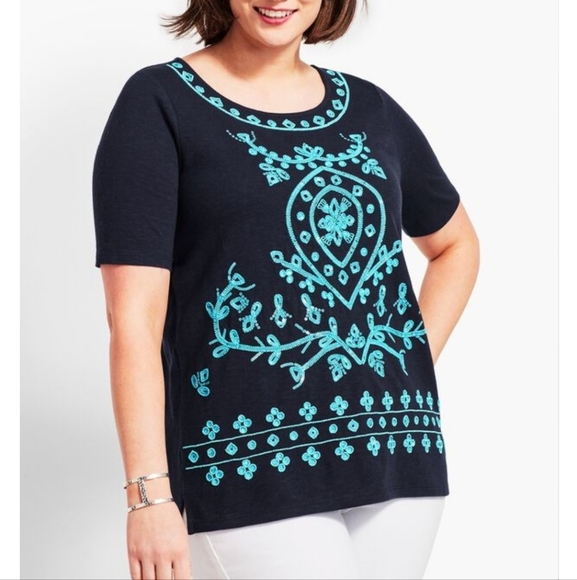 Talbots Tops - Talbots Beaded embroidered‎ sequin blue tunic boho top 2X Cotton Resort Preppy